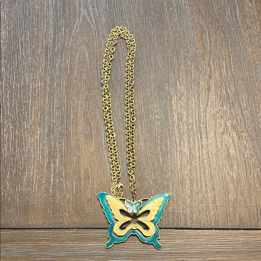 Gold and Teal Butterfly Pendant Necklace